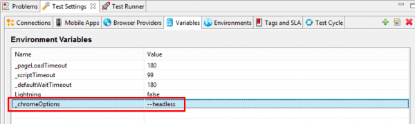 headless variable tab in test settings