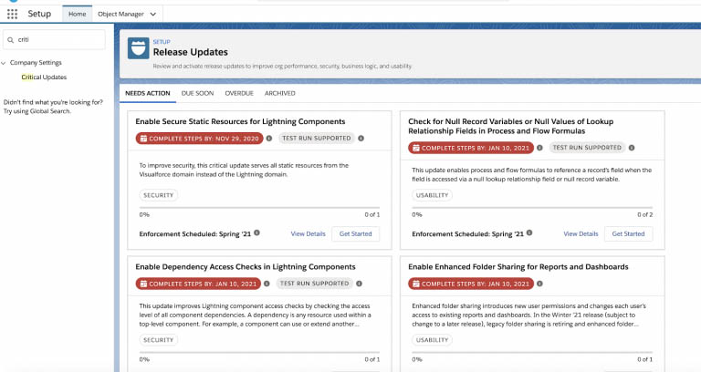 Release Updates (Critical Updates) new interface in Salesforce winter 21 release