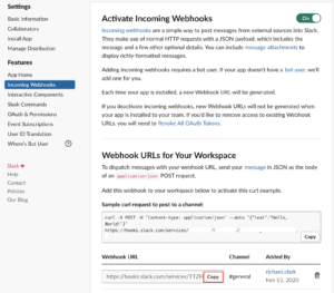 Sample of activating incoming webhook URLs for your workspace