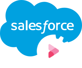 The Salesforce logo in white text appears inside its signature blue cloud shape. Overlapping the lower-right corner is a white gear icon with a pink and red triangular play symbol inside, representing automation or integration.