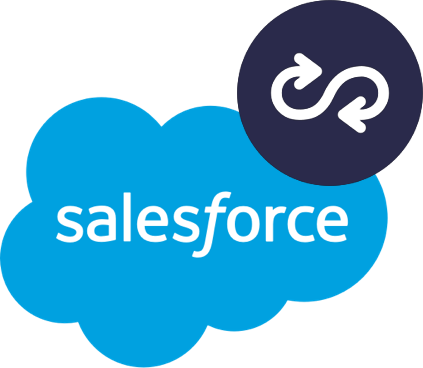 Salesforce logo in its signature blue cloud shape with the word “salesforce” in white text. A dark circular sync icon with two curved arrows overlays part of the cloud in the upper right corner, suggesting integration or synchronization.
