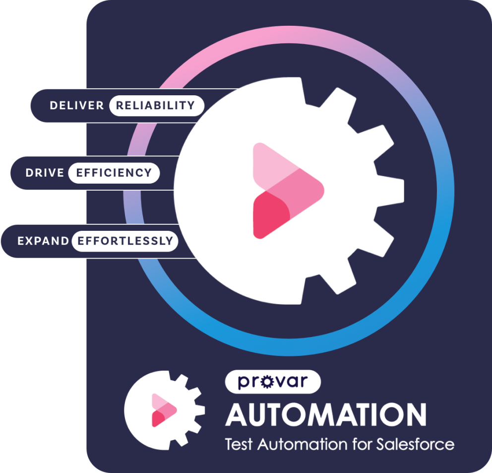Provar Automation badge featuring a white gear with a pink play icon in the center, surrounded by a gradient circle. Taglines emphasize 'Deliver Reliability,' 'Drive Efficiency,' and 'Expand Effortlessly'. Text below reads: 'Provar Automation – Test Automation for Salesforce'.