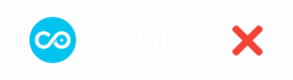 The Copado logo, featuring a white infinity symbol inside a blue circle followed by the text “COPADO” in white capital letters, appears on a light gray background. A red “X” symbol is displayed on the right side, suggesting disapproval or incompatibility.