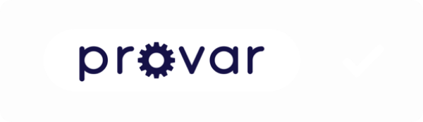 The Provar logo appears in dark blue lowercase letters with a gear symbol replacing the letter “o.” The logo is set inside a rounded white rectangle on a light gray background, accompanied by a white checkmark on the right.